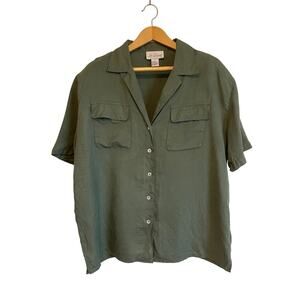 Lee David Collection green silk button up shirt short sleeve collar Size 14/16W